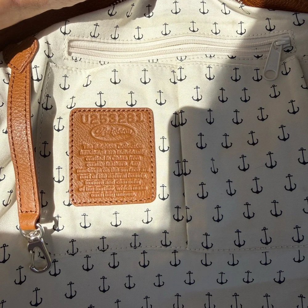 Brighton Sea to Shore Navy and White Striped Tote with Brown Anchor Accent